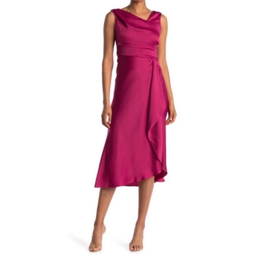 Taylor Women’s Midi Dress Satin Sleeveless In Magenta Pink Size 4 Draped